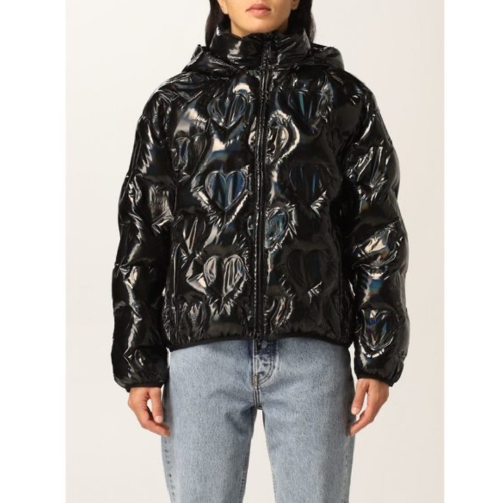 Love Moschino Puffer Coat Black Shiny Heart Logo